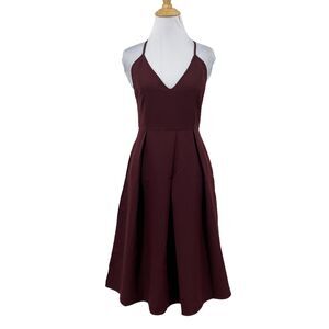 Eliacher Pleated Summer Party Dress Womens 4/6 Maroon V Neck Backless Pockets
